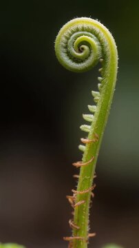 Green fern fiddlehead macro video footage. Close up of a young plant stem uncurling against a dark background. Features tiny leaves and brown textures.