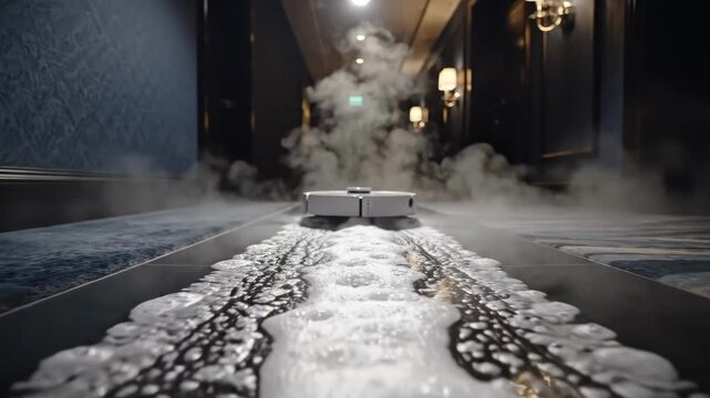 Robot Vacuum Creating Foam Trail In Luxury Hotel Hallway, Janitorial Robot Emits Steam And Suds While Navigating Carpet Runner, Cinematic Lowangle View, Moody Lamp Lighting, Reflective Floor.