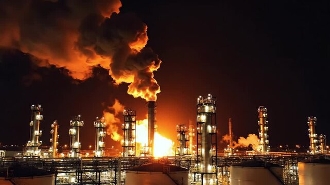 Night Refinery Blaze With Towering Flames And Thick Smoke, Massive Fire Erupting From Flare Stack, Orange Inferno Lighting Surrounding Storage Tanks And Processing Towers, Dense Plume Rising Into Dark