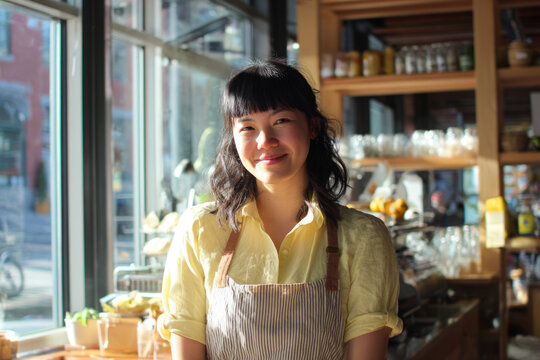 Smiling Asian woman with bangs in apron