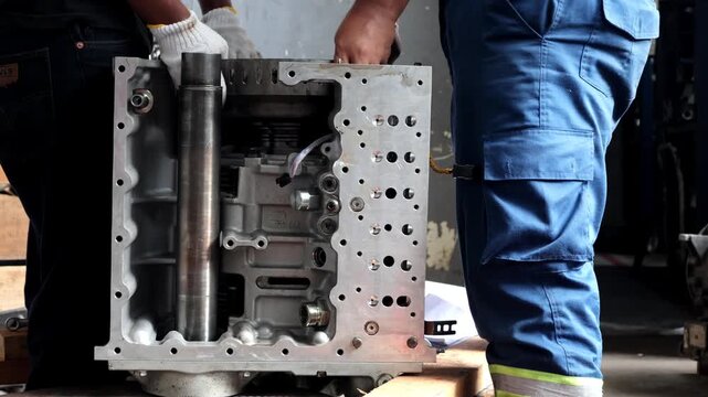 Two professional mechanics manually installing a large rotating clutch component into an aluminum automatic transmission case during a heavy-duty gearbox rebuild.