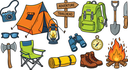 Camping equipment set adventure outdoor gear collection tent backpack tools vector illustration isolated design elements for travel © Sabina