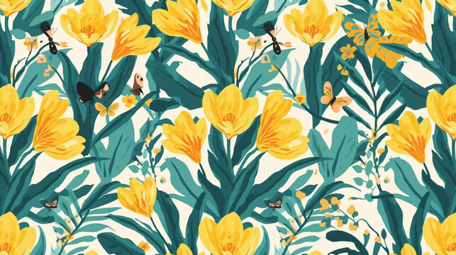 Seamless pattern with yellow  crocus flowers 