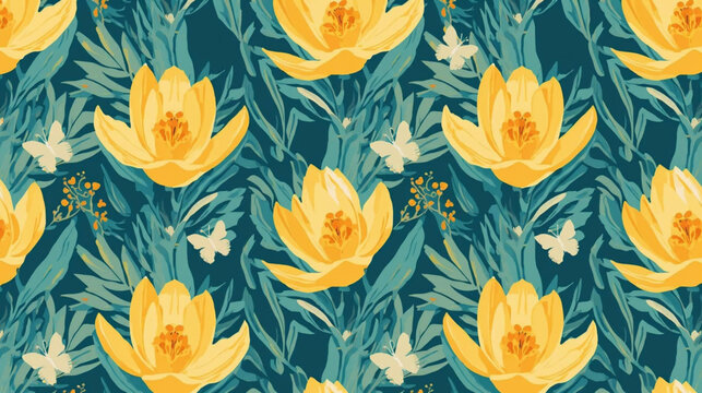 Seamless pattern with yellow  crocus flowers 