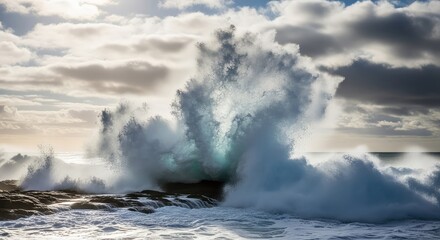 Obraz premium Massive blue waves crash with immense force against a rocky shoreline, creating white foam and mist beneath a dynamic and cloudy atmosphere, movement, mist, coastal