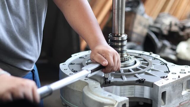 ​Close up of a technician using a professional torque wrench to precisely tighten bolts on an automatic transmission case during a mechanical assembly.