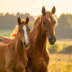 Fototapeta premium Two brown horses standing together in a field