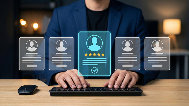 HR Manager Selecting Top Candidate Using Digital Profile Cards with Ratings for AI-Assisted Talent Acquisition and Recruitment