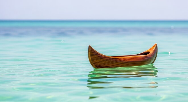 Pequena canoa ornamental de madeira boiando em &aacute;guas oce&acirc;nicas tranquilas e pac&iacute;ficas criando reflexos suaves em um cen&aacute;rio de pura paz, day, art, craft