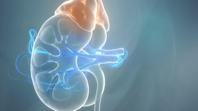 Detailed 3D rendering of a human kidney with glowing internal structures and adrenal gland.