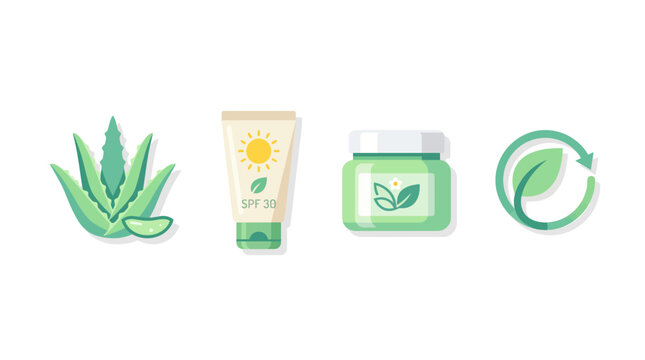 Sustainable Organic Skincare Set with Aloe Vera Sunscreen and Eco Friendly Logo Vector Illustration