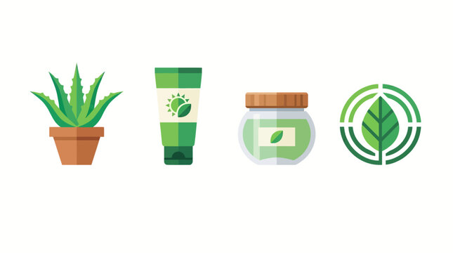 Organic Herbal Skincare Icon Set with Aloe Vera Plant Sunscreen Tube and Green Leaf Logo Vector