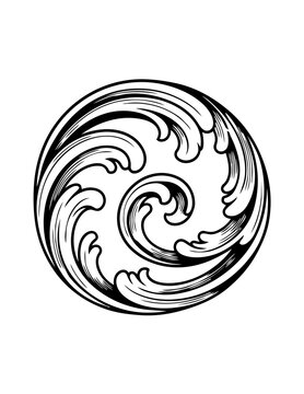 Black and white swirling wave design.