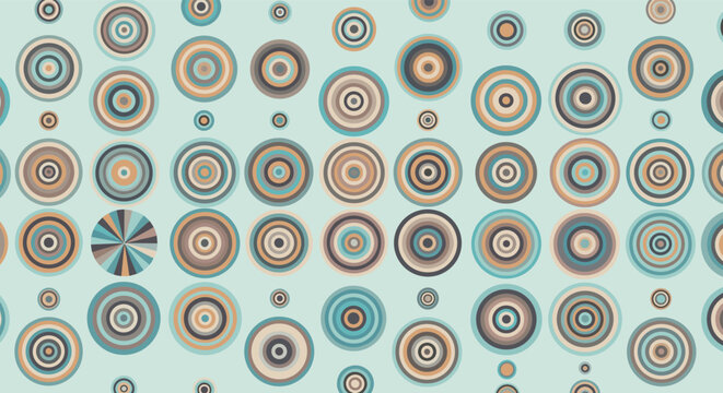 Contemporary abstract pattern composed of numerous concentric circles in various sizes and earth-toned colors on light blue.