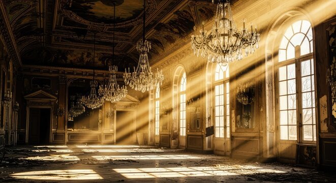 Shafts of golden sunlight pierce through large windows of a decaying ballroom, illuminating dust motes and ornate crystal chandeliers, curtains, ethereal, window