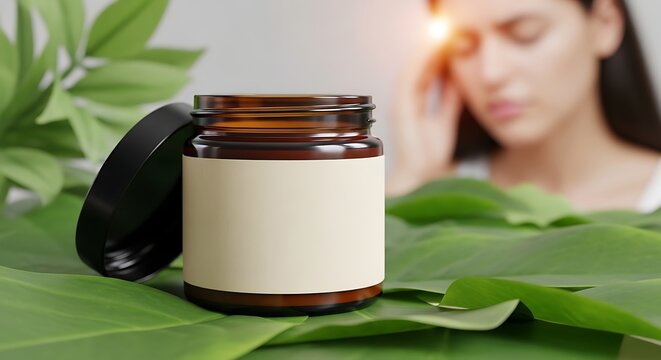 Brown Glass Jar with Blank Label on Green Leaves