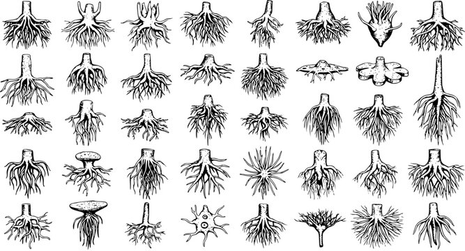 Collection of hand-drawn diverse plant root systems illustrations, botanical sketches showcasing various root structures