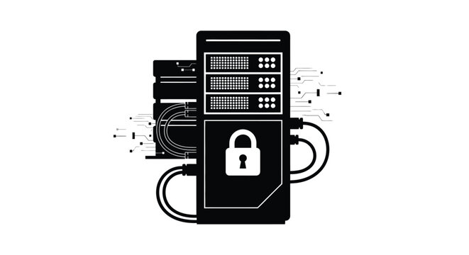 Minimalist vector graphic illustration showcasing a secure server tower featuring a prominent lock icon to represent data protection and digital information safety in a modern technological infrastruc
