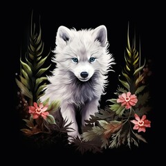 Obraz premium White Fluffy Husky Puppy Standing Serenely Among Pink Flowers and Tall Ferns Against a Dark Background