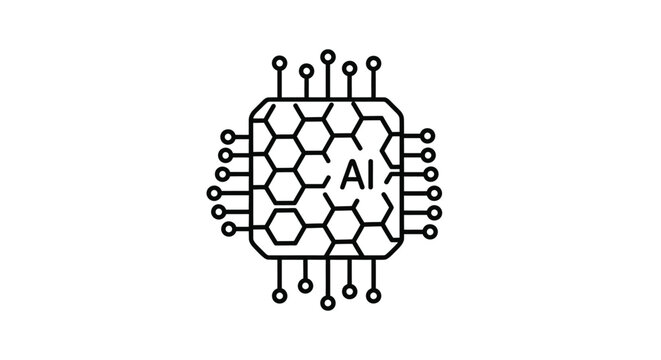 Digital artificial intelligence processor chip featuring a hexagonal pattern within a minimalist vector graphic design icon suitable for modern technology software development themes and engineering c