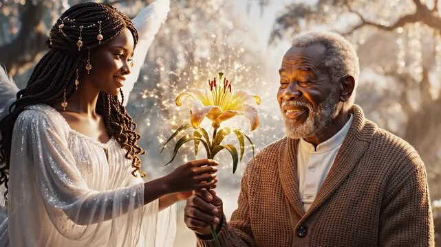 Black Angel Presents Glowing Lily, Gentle To Elderly Black Man On Mossy Bench, Golden Light Through Oak Limbs, Wings Unfurled, Soft Mist, Tender Exchange Conveying Comfort, Blessing And Quiet Joy.