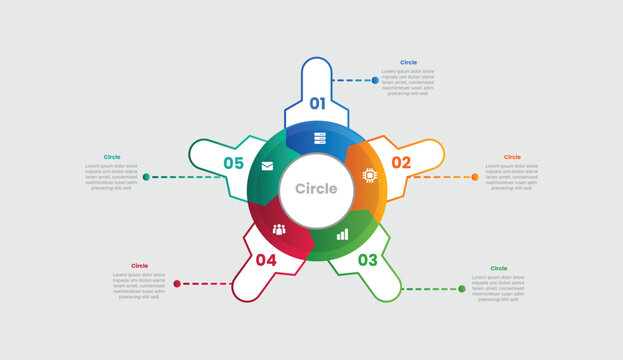 Circle base infographic with gradient style with centralized with round pointer rectangle spreading all direction with 5 elements stages