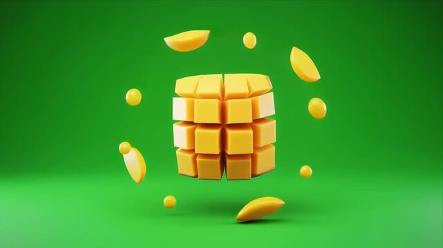 Floating yellow cube mosaic explodes against green background.