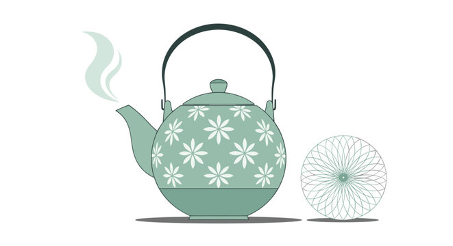 Decorative green teapot with white daisy flower patterns and a black handle shown with a matching patterned tea strainer.