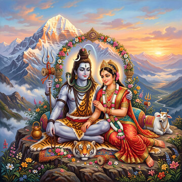 Lord Shiva and Goddess Parvati Sitting on Mountain Cliff at Sunset