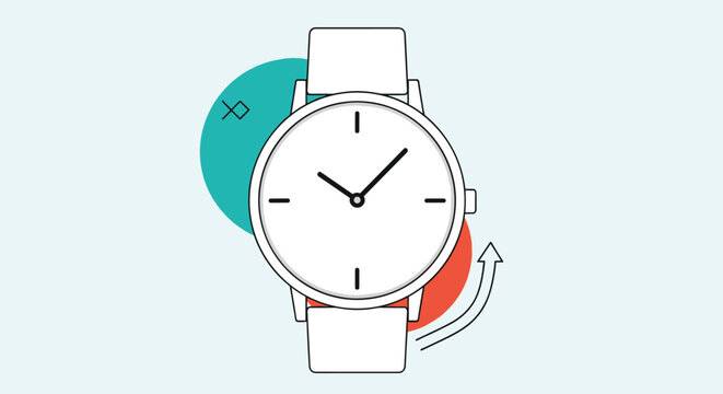 Minimalist wristwatch icon with a white face and circular background elements including an arrow showing movement.