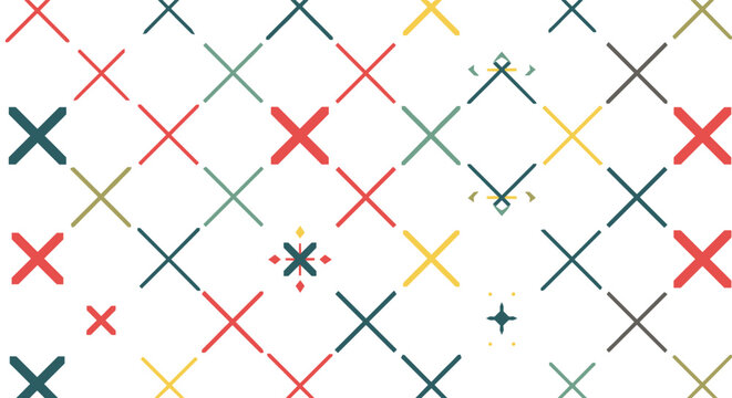 Geometric pattern of colored cross marks or X symbols in various shades of red, blue, green, and yellow on white background.