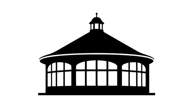 Vector silhouette of gazebo pavilion with domed roof, flag, and arches, classic outdoor architectural landmark art