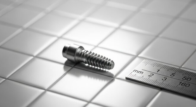 A metallic dental implant screw lies on a gridded white surface beside a steel ruler showing exact millimeter measurements.