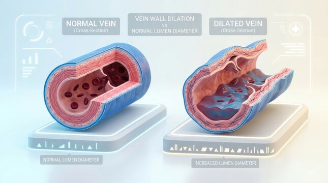 Cross-section illustration of normal and dilated veins with lumen diameter comparison