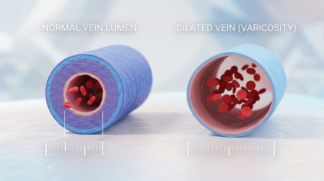 Comparison of normal vein lumen and dilated vein varicosity in detailed medical illustration