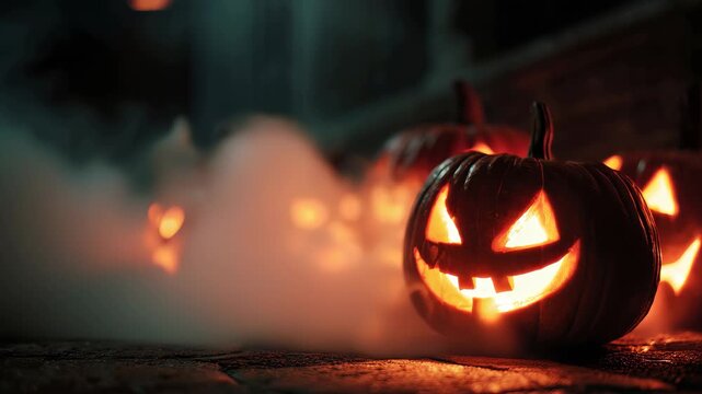 Closeup view of a lit jackolantern surrounded by smoke on Halloween night at a festive gathering with other carved pumpkins in the background