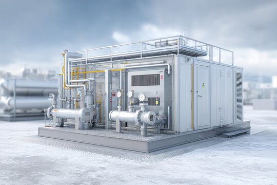 Focused cutaway view shows an insulated valve station in a winter setting with intricate piping, gauges, and a metal base.