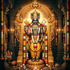 Fototapeta premium Traditional Idol of Lord Vishnu in Ornate Golden Temple Shrine 