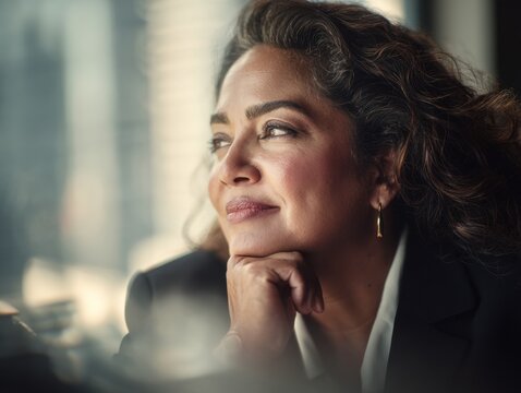 A confident 55-year-old Hispanic female corporate leader with olive skin looks away. She is a plus-size professional woman.