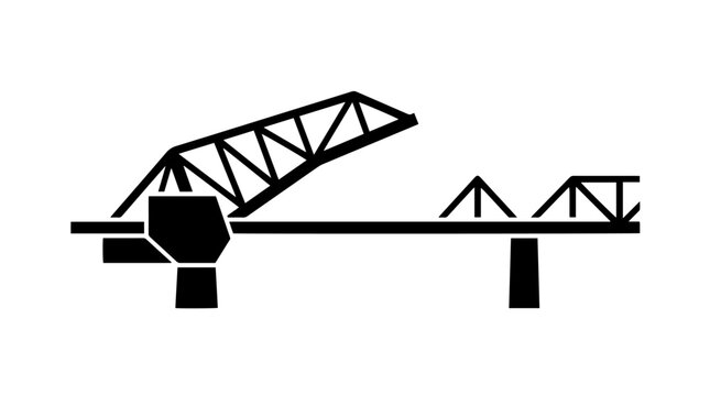 Vector silhouette of drawbridge with truss structure and pivoting section, iconic engineering transportation landmark art