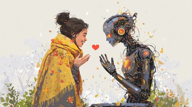 A young woman interacts with friendly humanoid robot. The concept of the human-focused AI assistant and AI companion