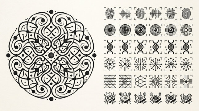 Abstract biometrics technology icons collection with ornamental mandala. Digital identity security symbols for fingerprint, DNA, iris scan, AI circuit network. Geometric branding design elements.