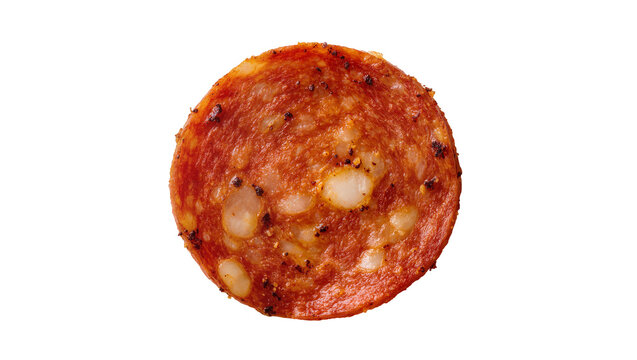 Round slice of spicy pepperoni with visible fat and pepper, isolated on transparent background