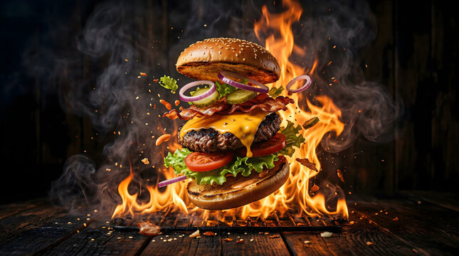 Exploding Flying Cheeseburger With Fire Flames on Dark Wood Background for Fast Food Restaurant Menu Banner Promotion