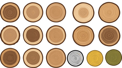 Collection of realistic vector tree trunk cross sections showing growth rings, timber slices for wood texture, carpentry projects, and forestry environmental science concepts, © MDARIFUL