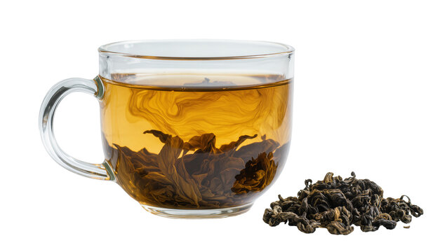 Clear glass mug filled with amber tea and steeped leaves dry leaves beside it, isolated on transparent background