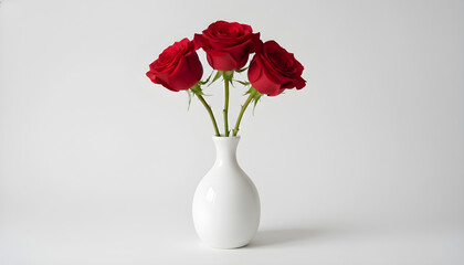 Fototapeta premium Three vibrant red roses stand elegantly in a minimalist white ceramic vase against a clean white background, showcasing simple beauty.