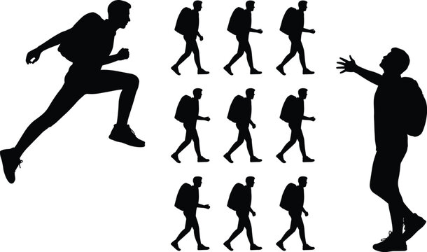 Backpacker silhouettes set with walking sequence running pose and calling gesture, outdoor travel adventure people isolated collection