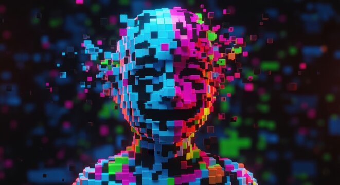 Vibrant Pixelated Human Face Portrait Digital.