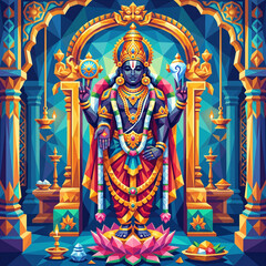 Obraz premium Stylized digital art of Lord Vishnu with geometric patterns and vibrant colors